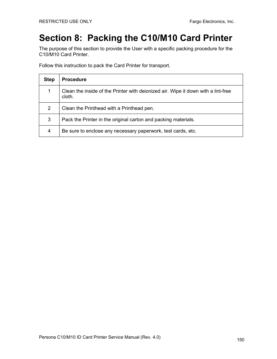 Section 8: packing the c10/m10 card printer | FARGO electronic PERSONA C10 User Manual | Page 150 / 178