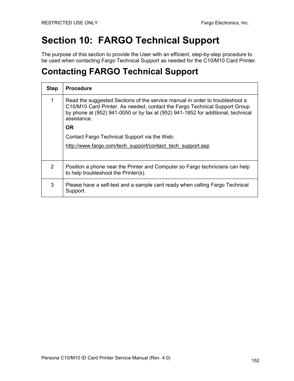 Section 10: fargo technical support, Contacting fargo technical support | FARGO electronic PERSONA C10 User Manual | Page 152 / 178