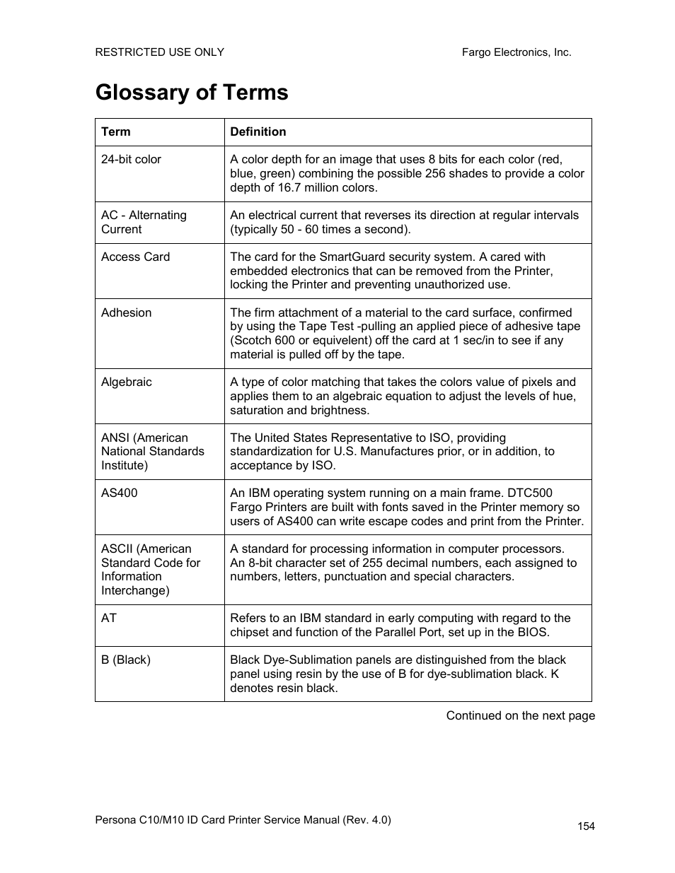 Glossary of terms | FARGO electronic PERSONA C10 User Manual | Page 154 / 178