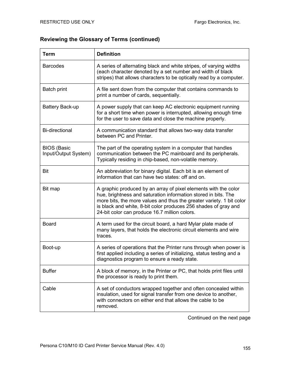 Reviewing the glossary of terms (continued) | FARGO electronic PERSONA C10 User Manual | Page 155 / 178