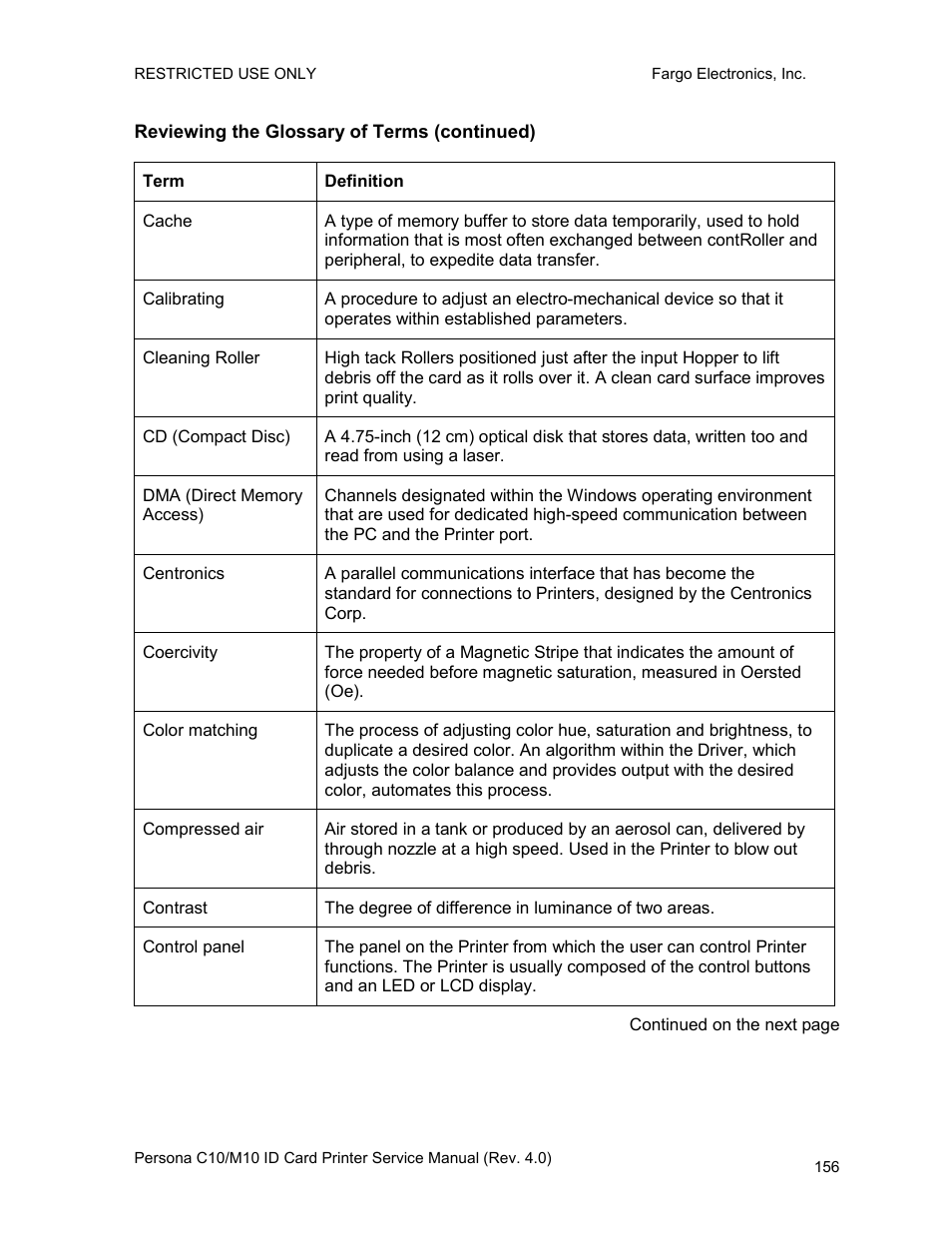 Reviewing the glossary of terms (continued) | FARGO electronic PERSONA C10 User Manual | Page 156 / 178