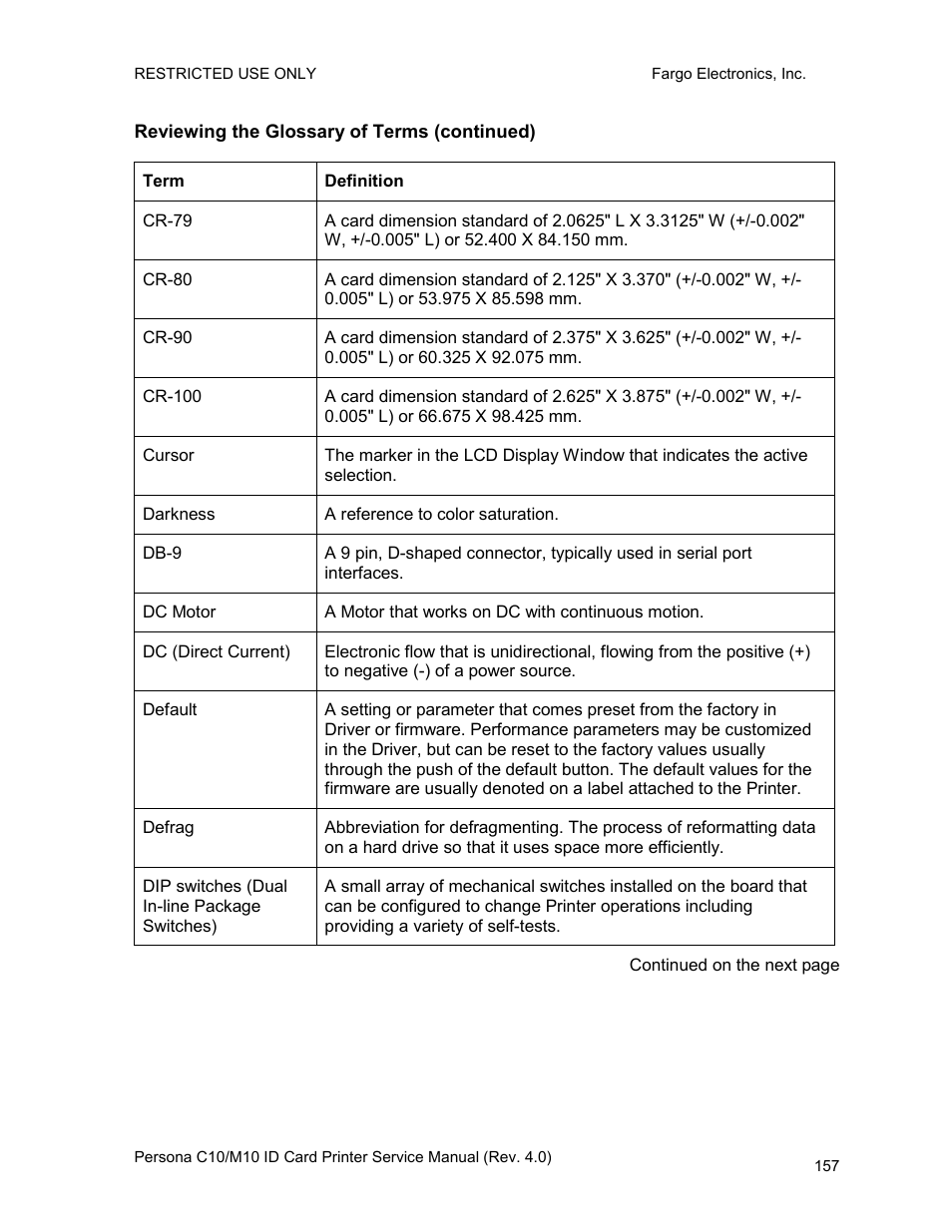 Reviewing the glossary of terms (continued) | FARGO electronic PERSONA C10 User Manual | Page 157 / 178