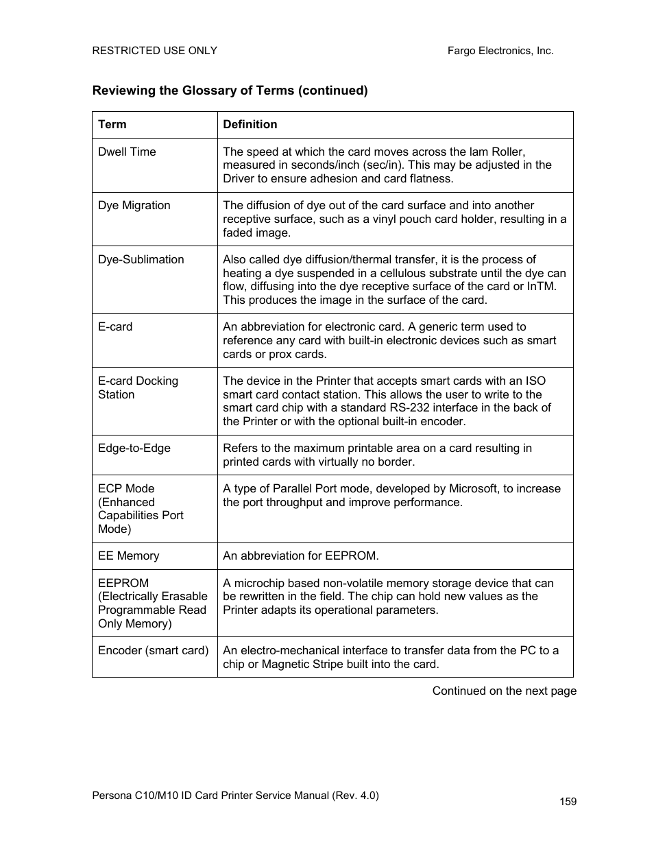 Reviewing the glossary of terms (continued) | FARGO electronic PERSONA C10 User Manual | Page 159 / 178