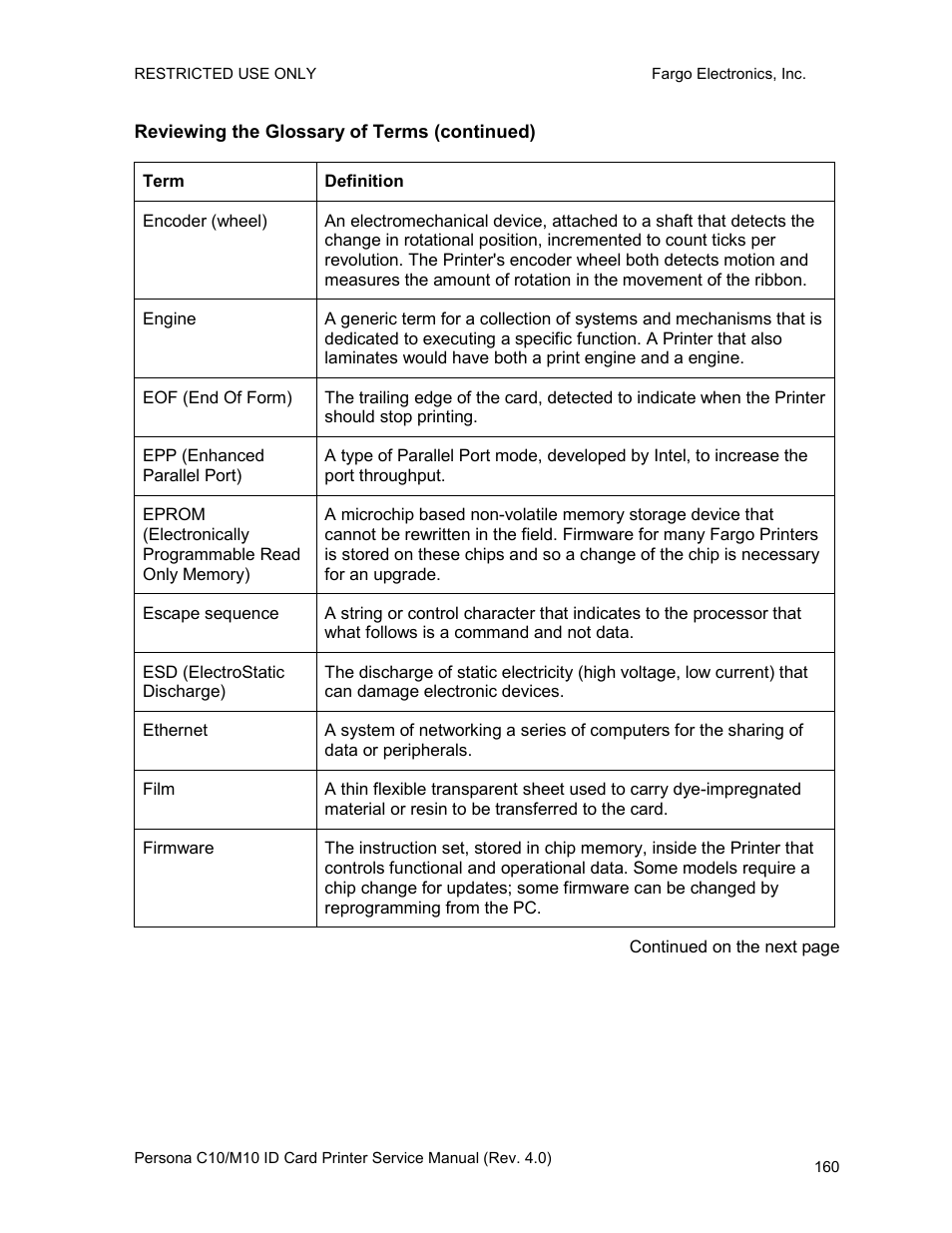 Reviewing the glossary of terms (continued) | FARGO electronic PERSONA C10 User Manual | Page 160 / 178