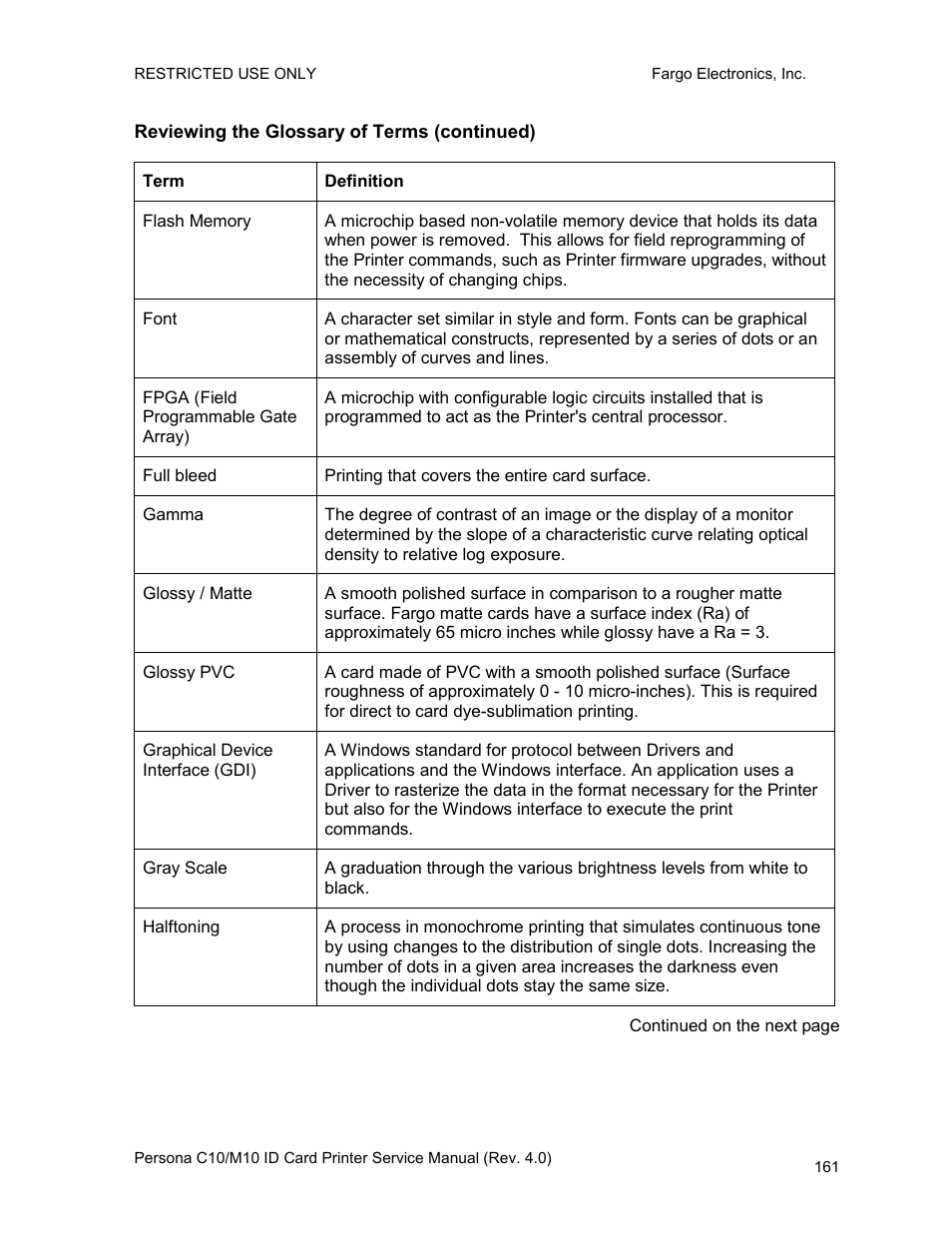 Reviewing the glossary of terms (continued) | FARGO electronic PERSONA C10 User Manual | Page 161 / 178