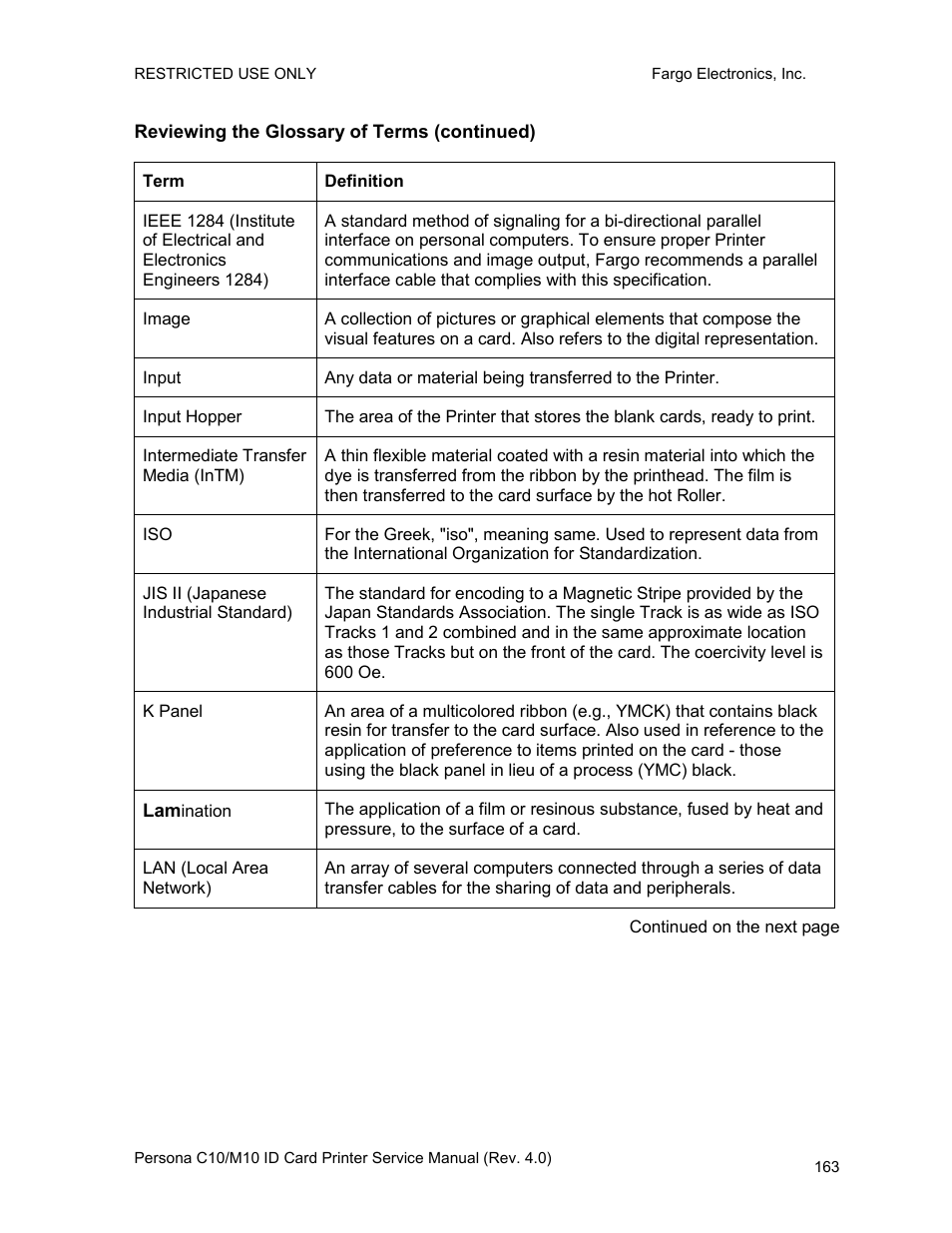 Reviewing the glossary of terms (continued) | FARGO electronic PERSONA C10 User Manual | Page 163 / 178