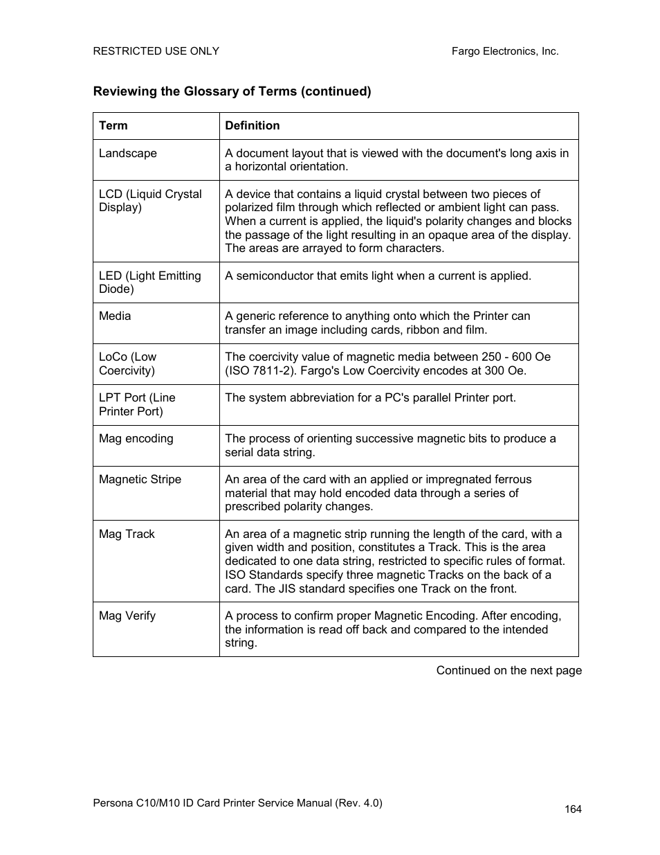 Reviewing the glossary of terms (continued) | FARGO electronic PERSONA C10 User Manual | Page 164 / 178