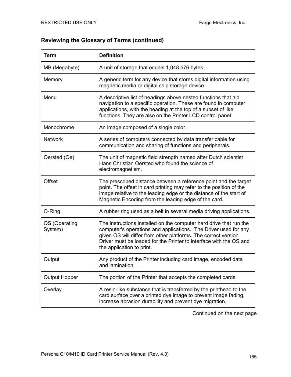 Reviewing the glossary of terms (continued) | FARGO electronic PERSONA C10 User Manual | Page 165 / 178