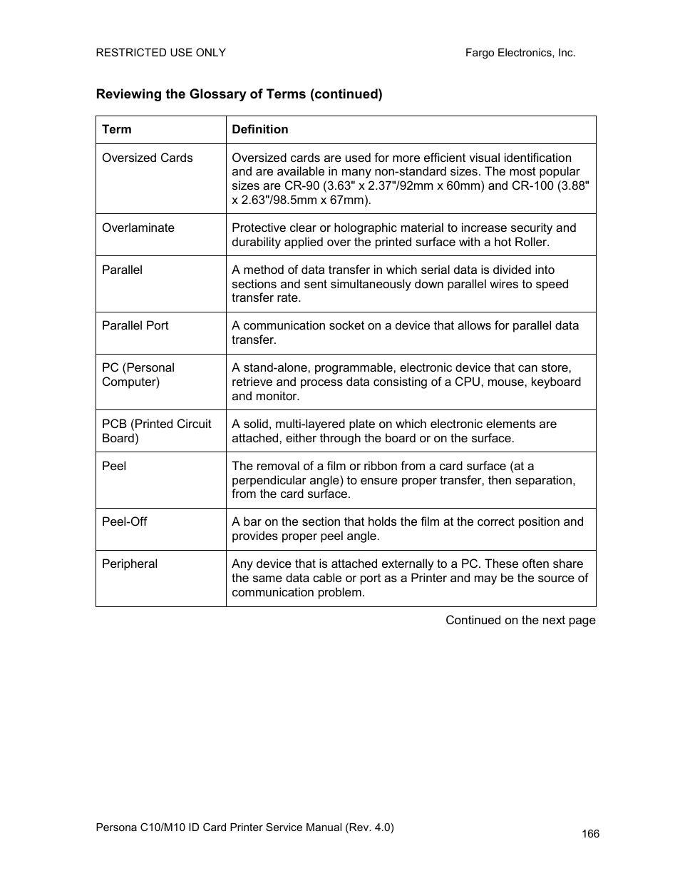 Reviewing the glossary of terms (continued) | FARGO electronic PERSONA C10 User Manual | Page 166 / 178