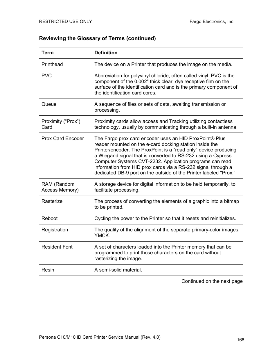 Reviewing the glossary of terms (continued) | FARGO electronic PERSONA C10 User Manual | Page 168 / 178