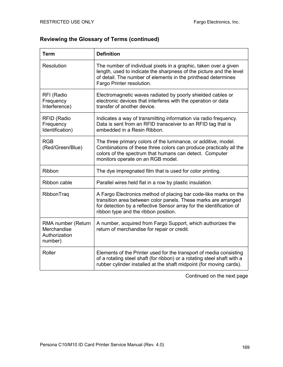 Reviewing the glossary of terms (continued) | FARGO electronic PERSONA C10 User Manual | Page 169 / 178