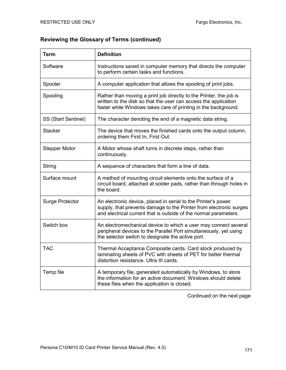 Reviewing the glossary of terms (continued) | FARGO electronic PERSONA C10 User Manual | Page 171 / 178