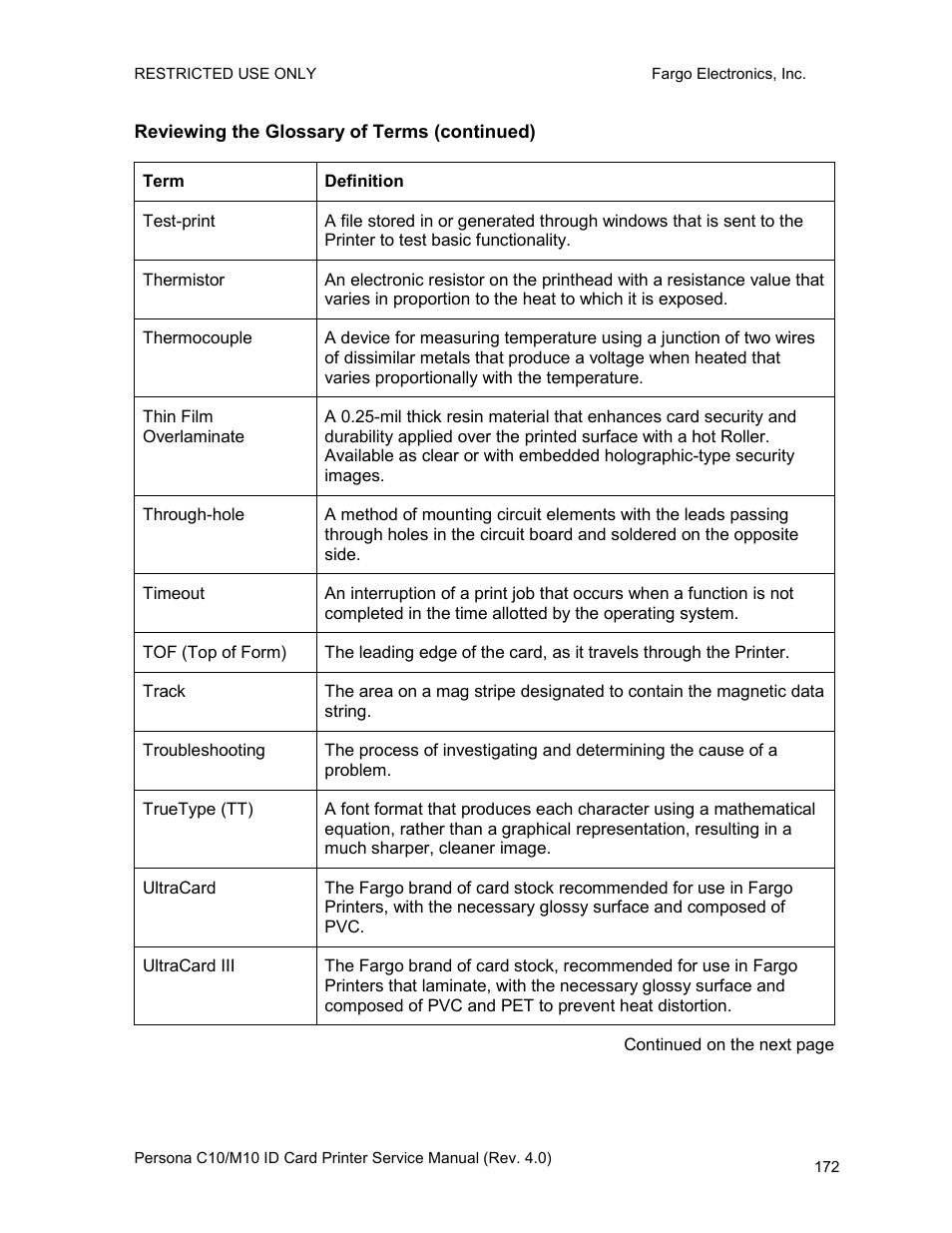 Reviewing the glossary of terms (continued) | FARGO electronic PERSONA C10 User Manual | Page 172 / 178