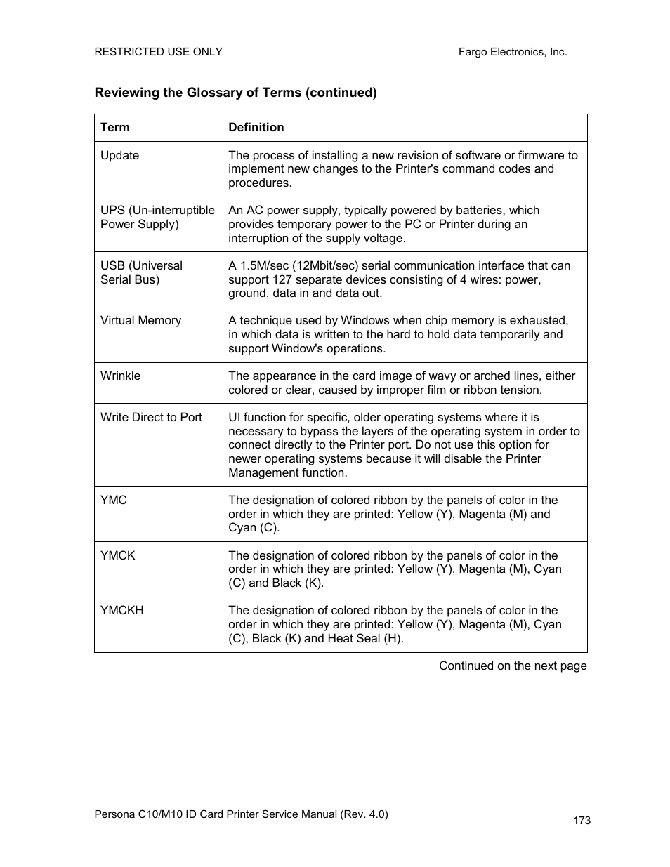 Reviewing the glossary of terms (continued) | FARGO electronic PERSONA C10 User Manual | Page 173 / 178