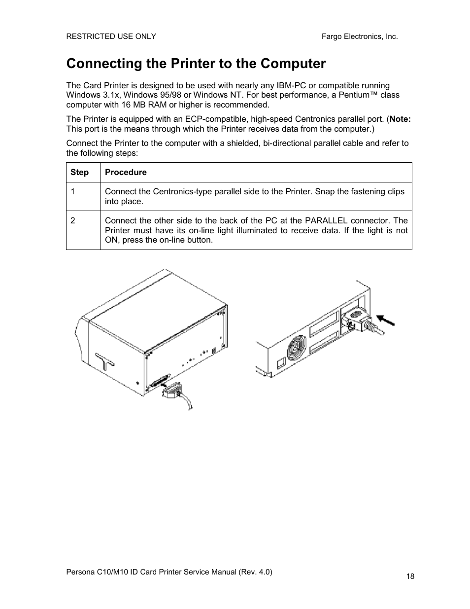 Connecting the printer to the computer | FARGO electronic PERSONA C10 User Manual | Page 18 / 178