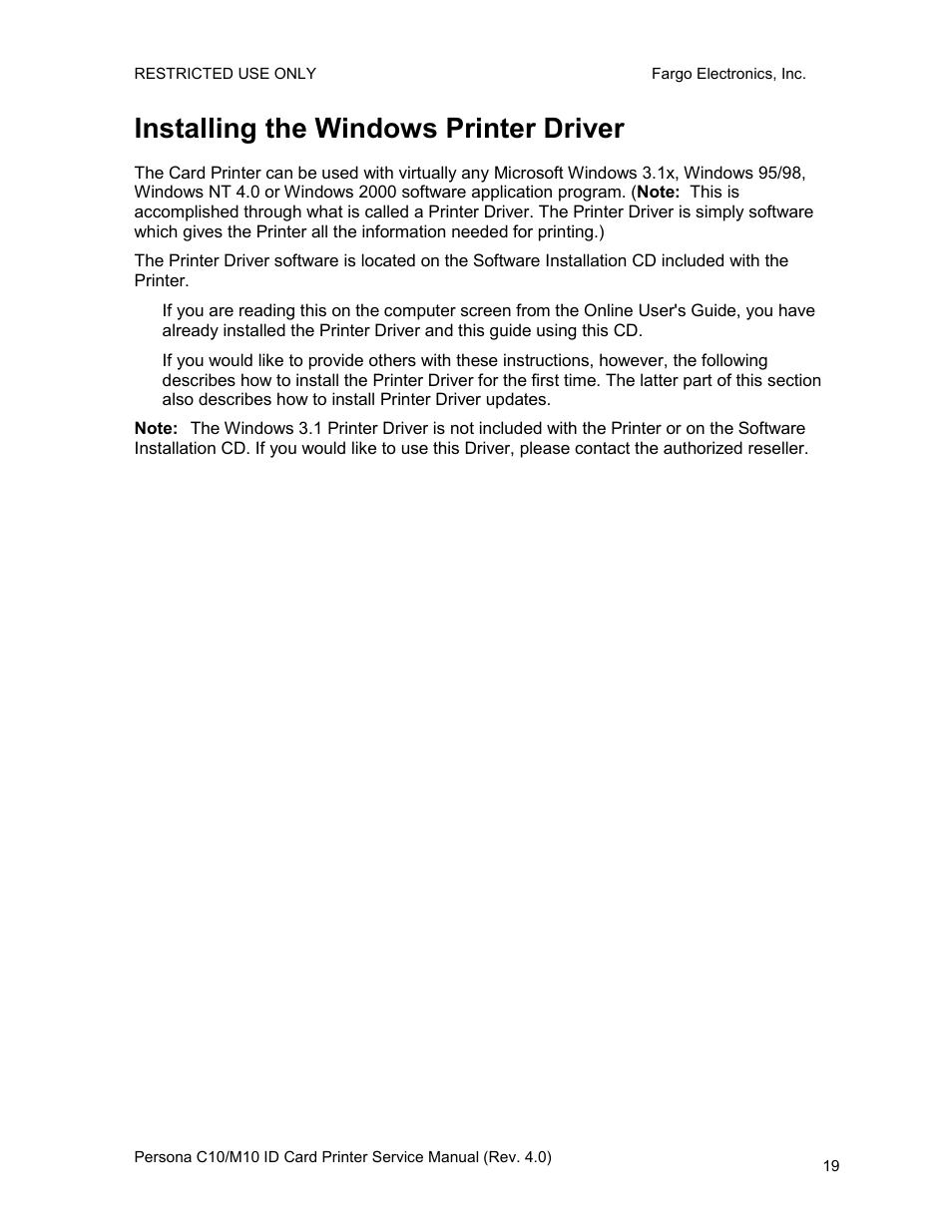 Installing the windows printer driver | FARGO electronic PERSONA C10 User Manual | Page 19 / 178