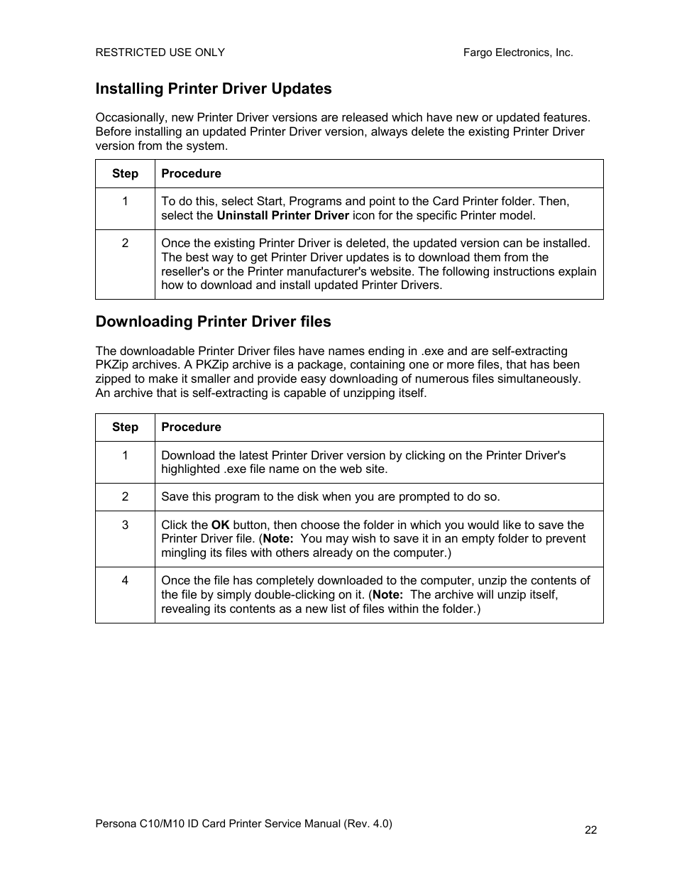 Installing printer driver updates, Downloading printer driver files | FARGO electronic PERSONA C10 User Manual | Page 22 / 178