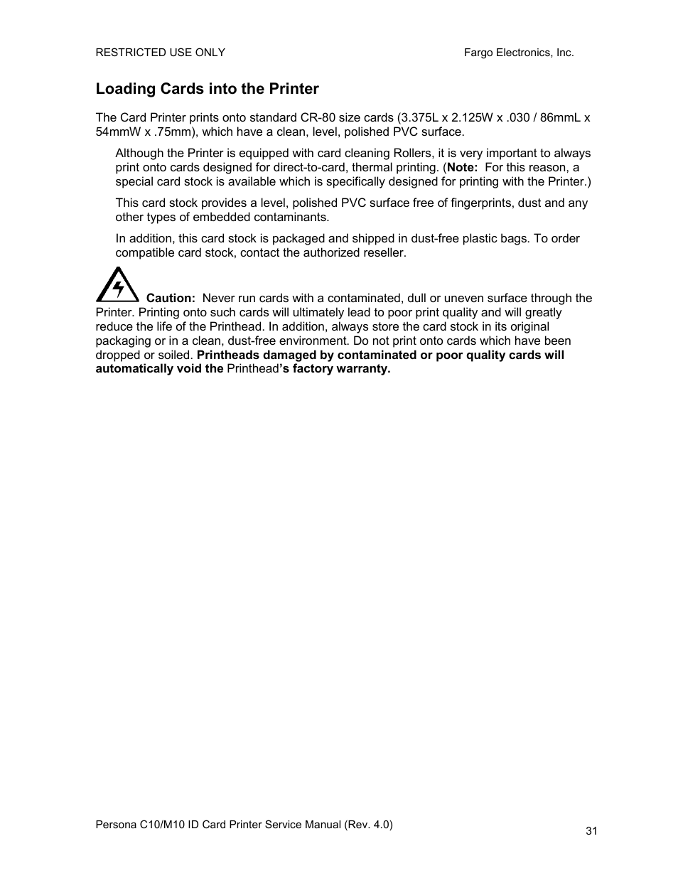 Loading cards into the printer | FARGO electronic PERSONA C10 User Manual | Page 31 / 178