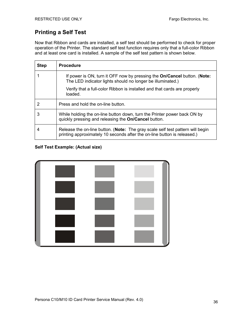 Printing a self test | FARGO electronic PERSONA C10 User Manual | Page 36 / 178