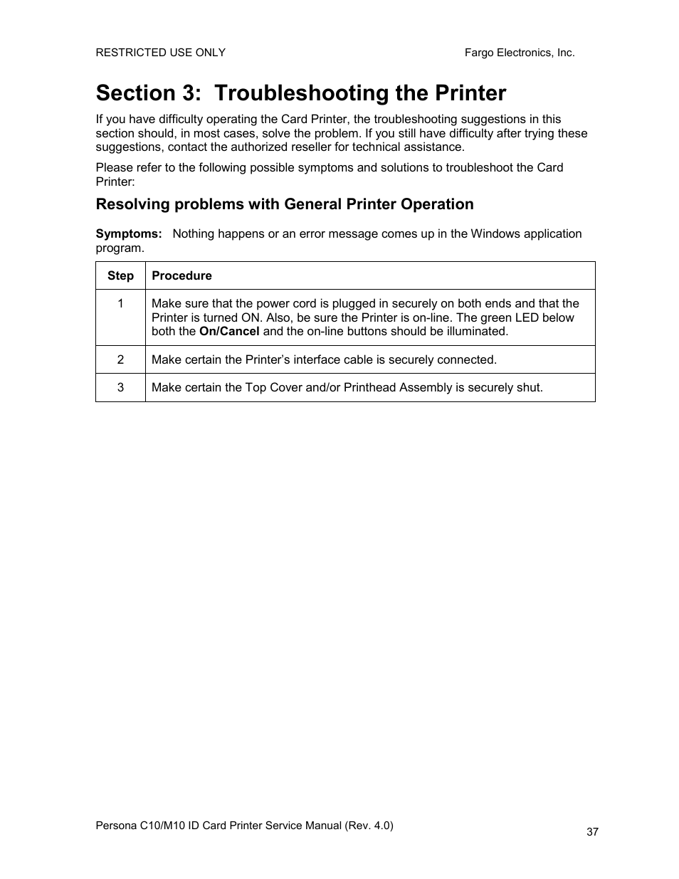 Section 3: troubleshooting the printer, Resolving problems with general printer operation | FARGO electronic PERSONA C10 User Manual | Page 37 / 178