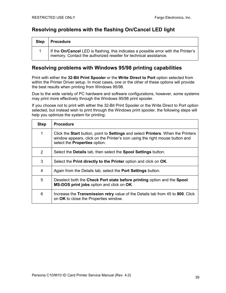 Step, Procedure | FARGO electronic PERSONA C10 User Manual | Page 39 / 178