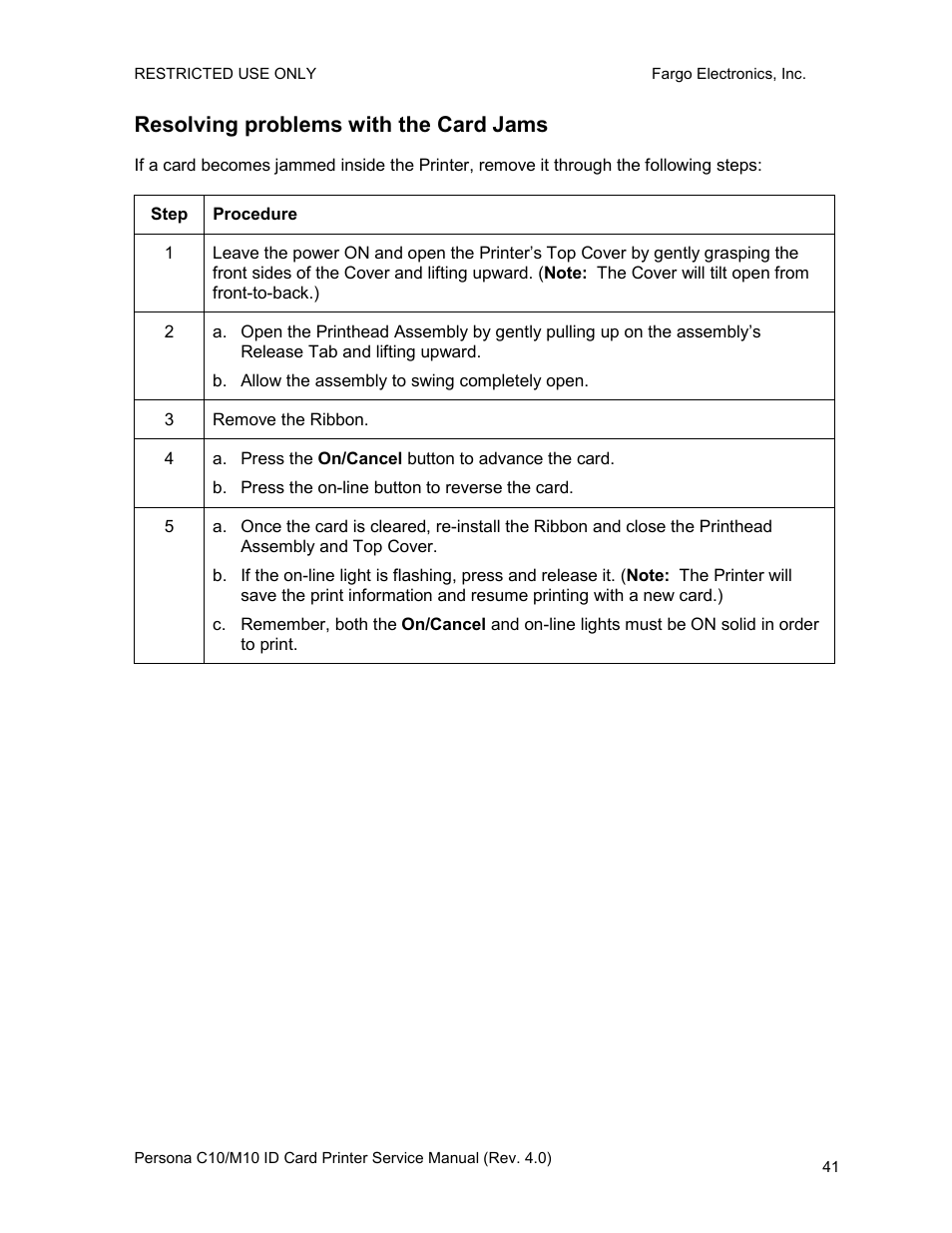 Resolving problems with the card jams | FARGO electronic PERSONA C10 User Manual | Page 41 / 178