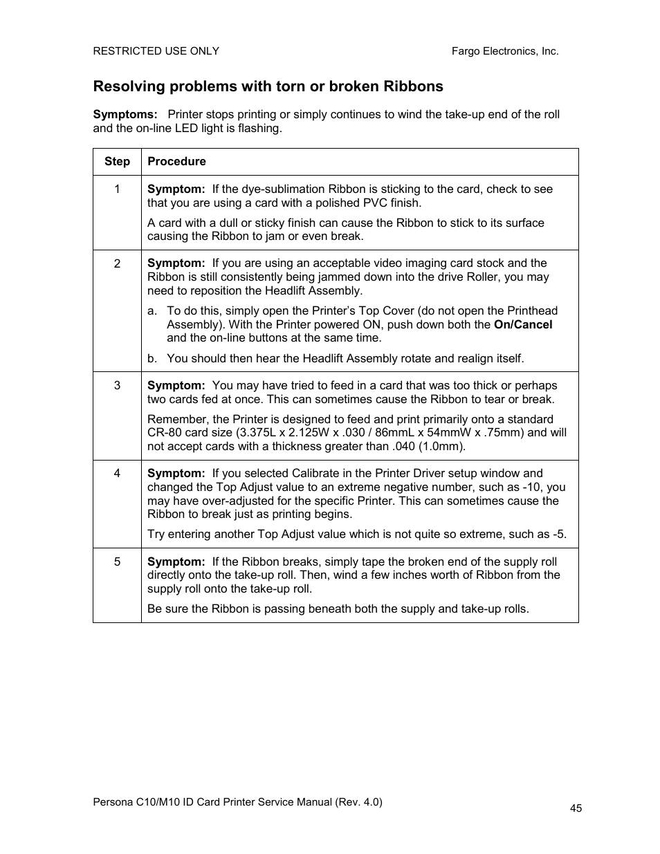 Resolving problems with torn or broken ribbons | FARGO electronic PERSONA C10 User Manual | Page 45 / 178