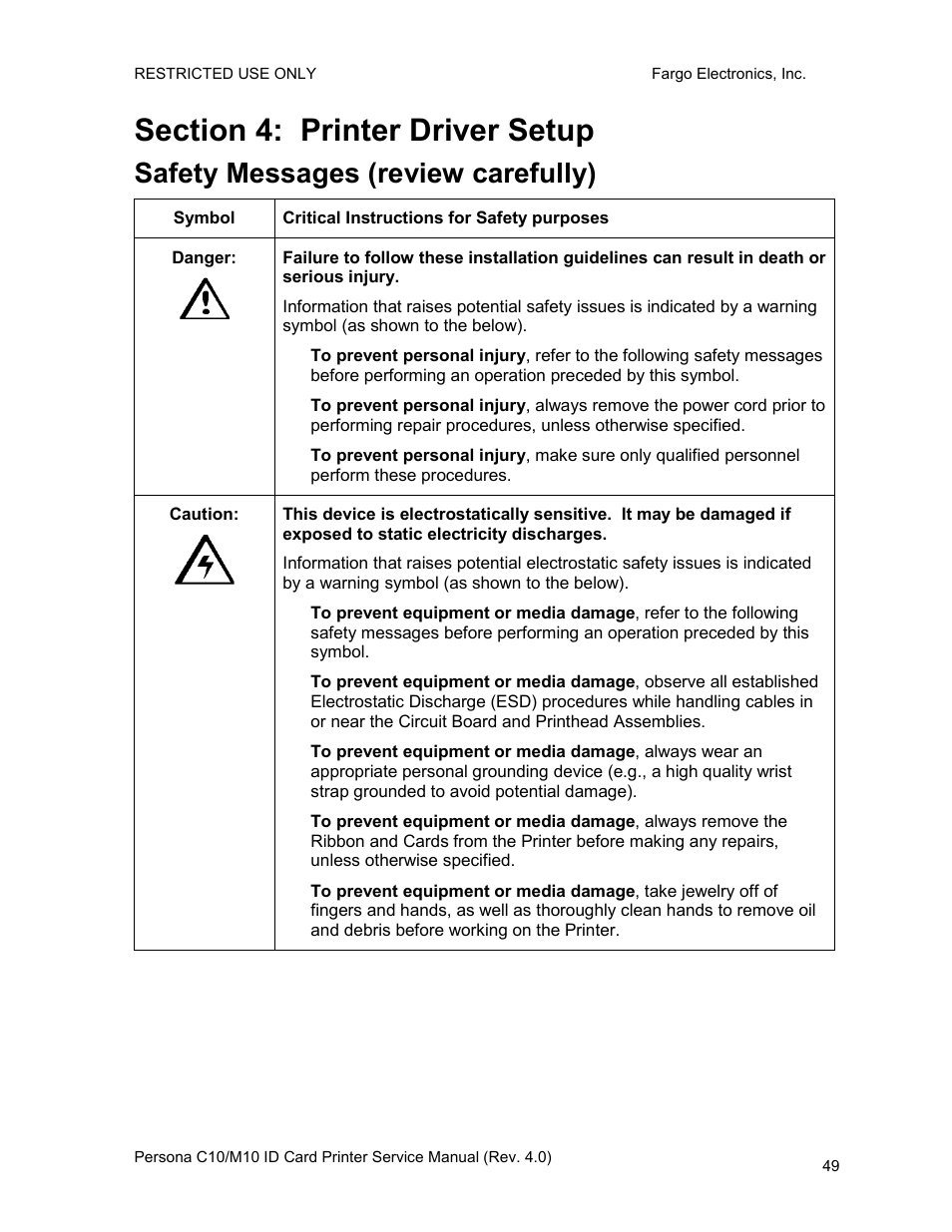 Section 4: printer driver setup, Safety messages (review carefully) | FARGO electronic PERSONA C10 User Manual | Page 49 / 178