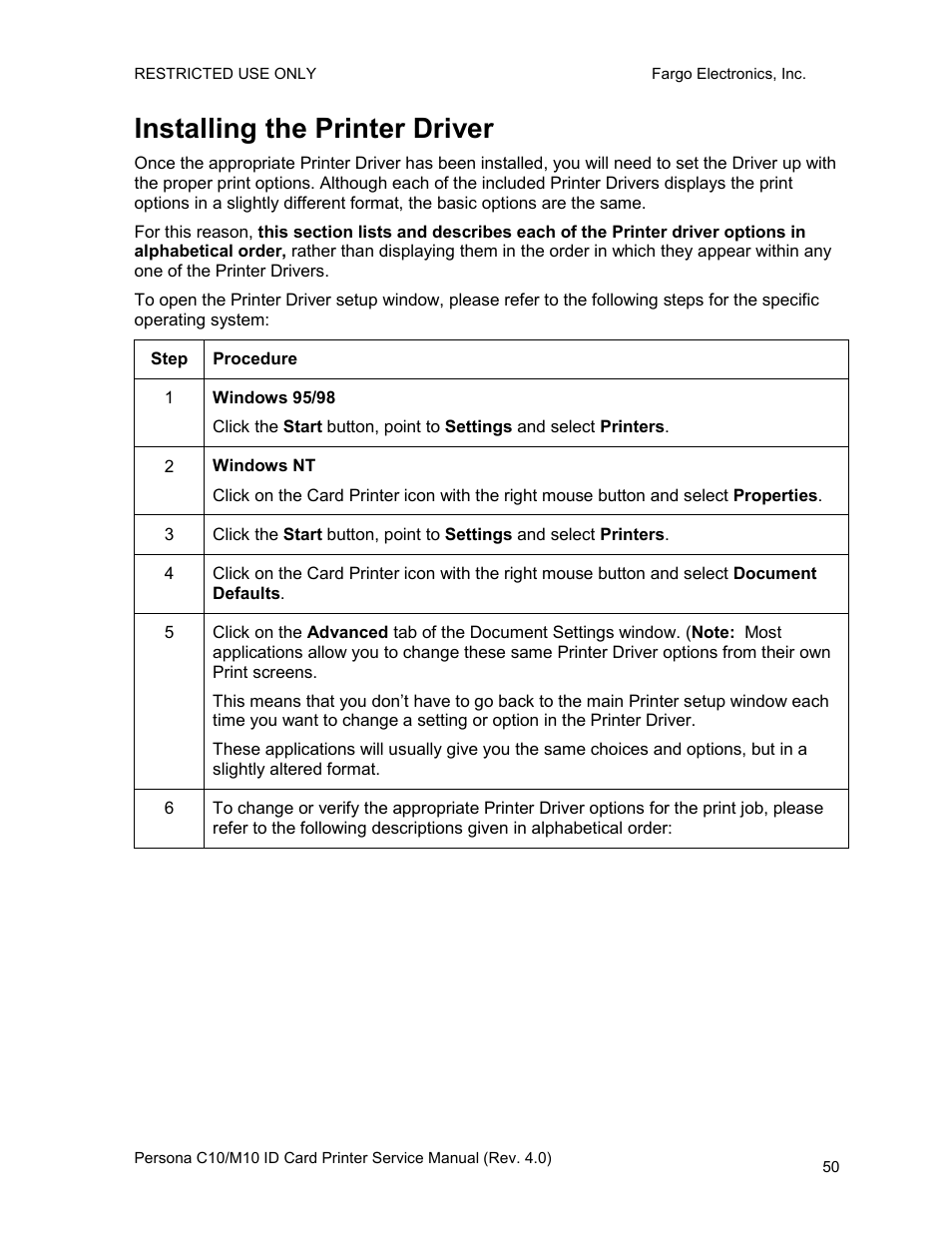 Installing the printer driver | FARGO electronic PERSONA C10 User Manual | Page 50 / 178