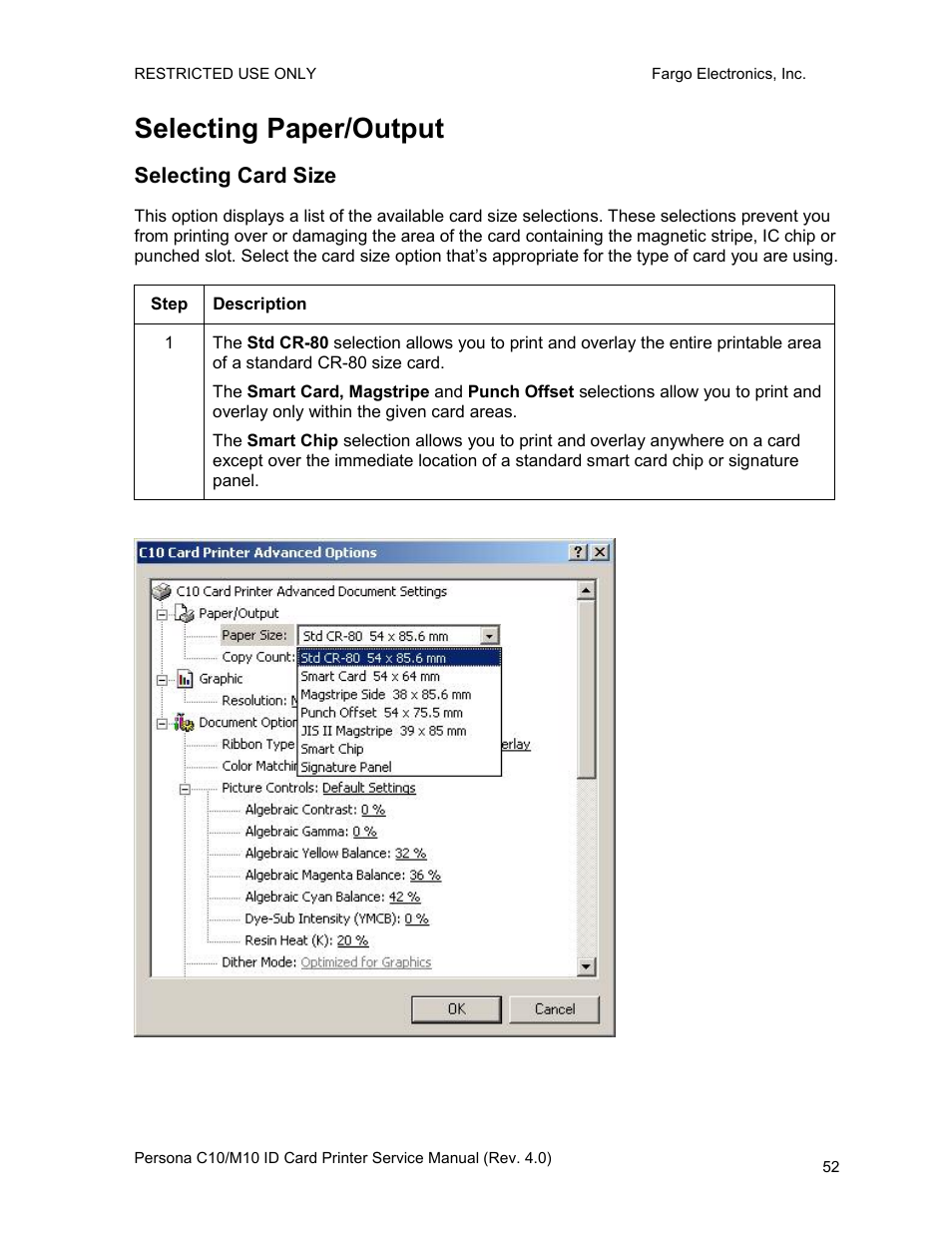 Selecting paper/output, Selecting card size | FARGO electronic PERSONA C10 User Manual | Page 52 / 178