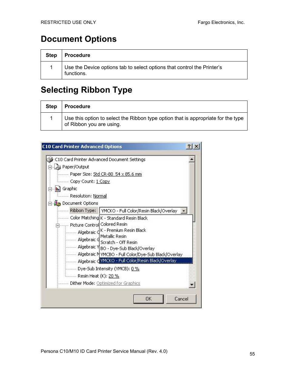 Document options, Selecting ribbon type | FARGO electronic PERSONA C10 User Manual | Page 55 / 178