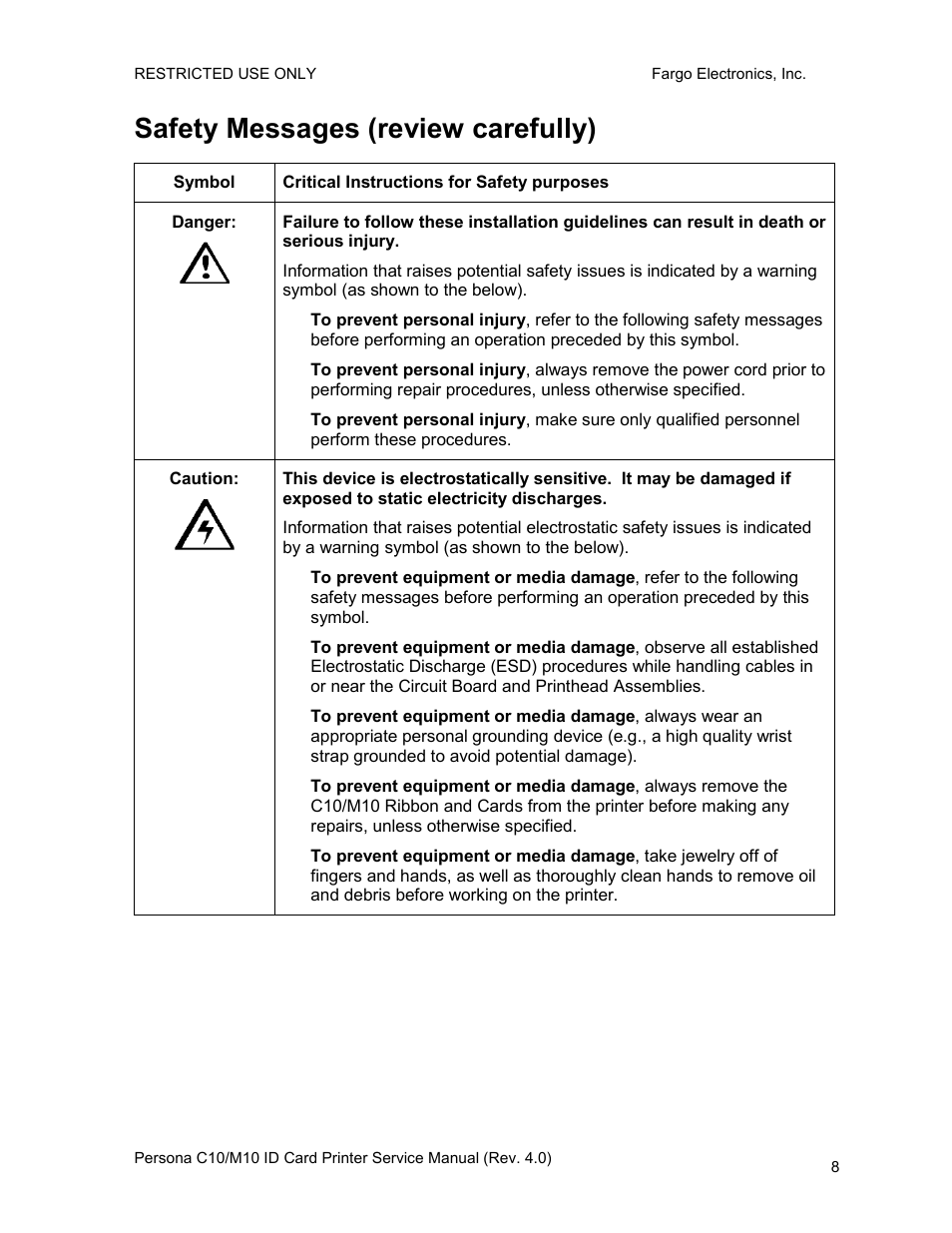 Safety messages (review carefully) | FARGO electronic PERSONA C10 User Manual | Page 8 / 178