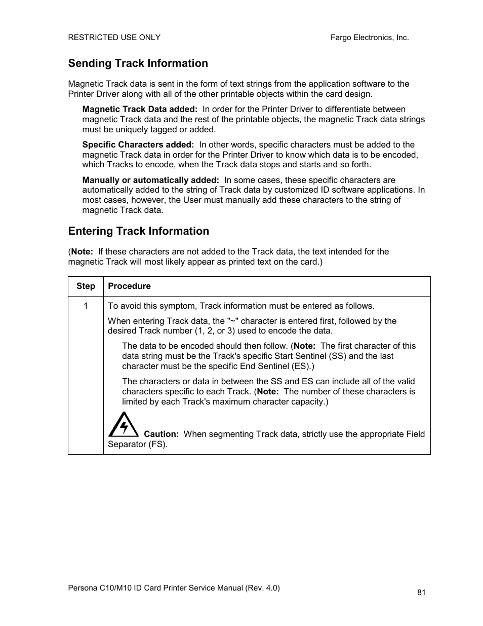 Sending track information, Entering track information | FARGO electronic PERSONA C10 User Manual | Page 81 / 178