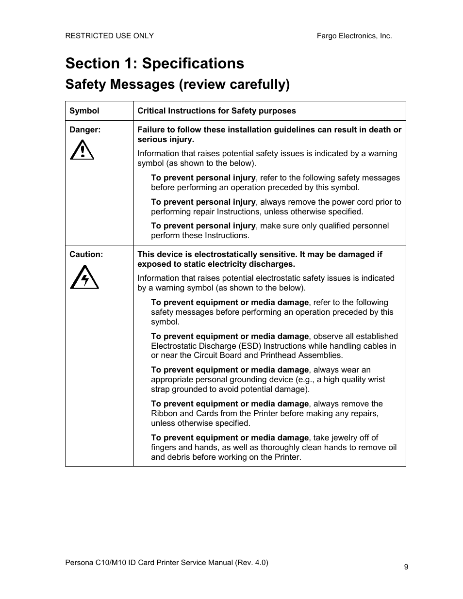 Section 1: specifications, Safety messages (review carefully) | FARGO electronic PERSONA C10 User Manual | Page 9 / 178