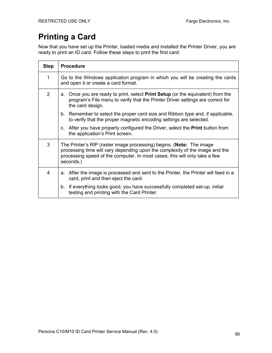 Printing a card, Step, Procedure | FARGO electronic PERSONA C10 User Manual | Page 90 / 178