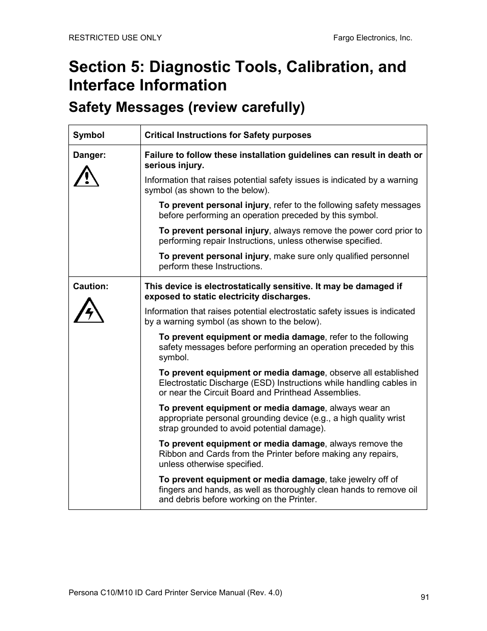 Safety messages (review carefully) | FARGO electronic PERSONA C10 User Manual | Page 91 / 178