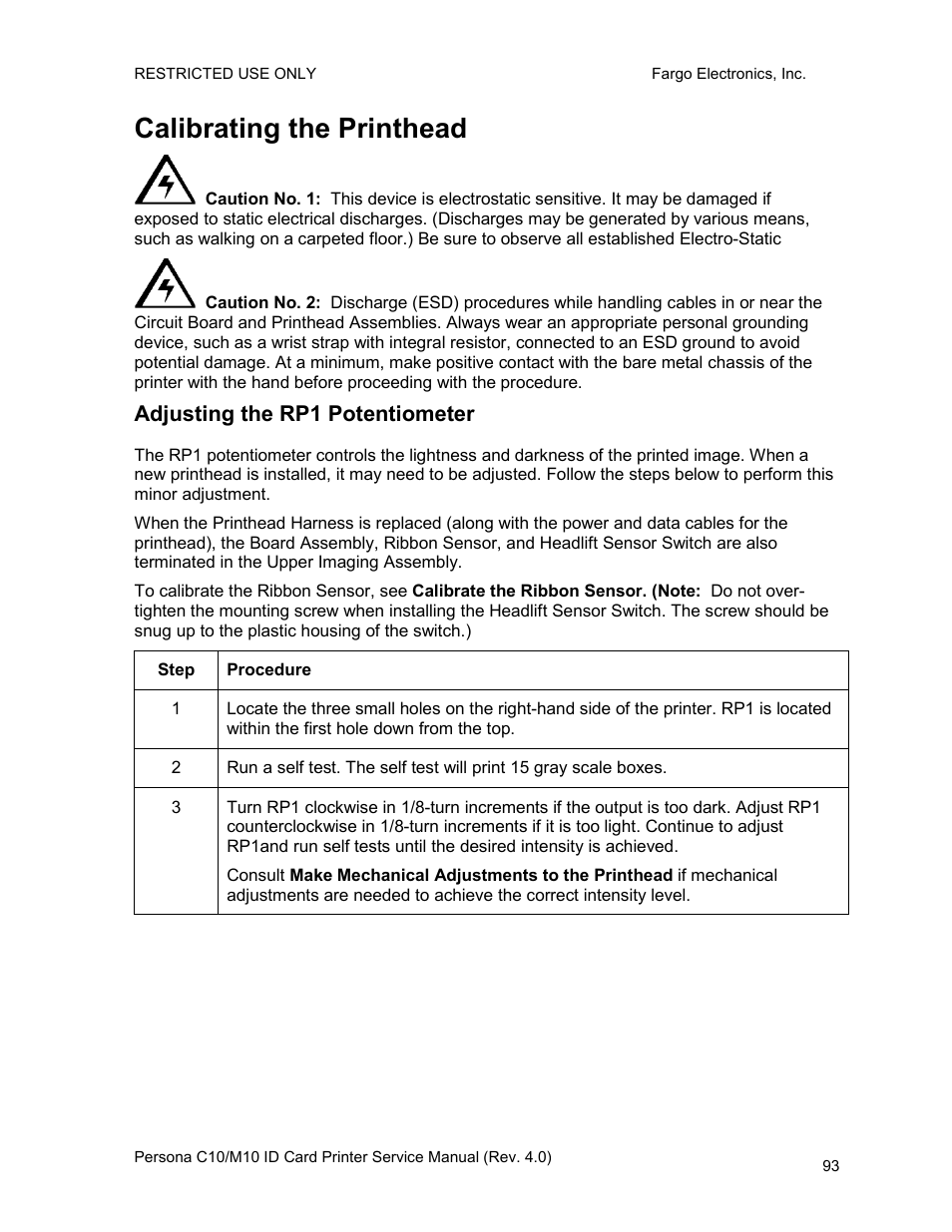 Calibrating the printhead, Adjusting the rp1 potentiometer | FARGO electronic PERSONA C10 User Manual | Page 93 / 178