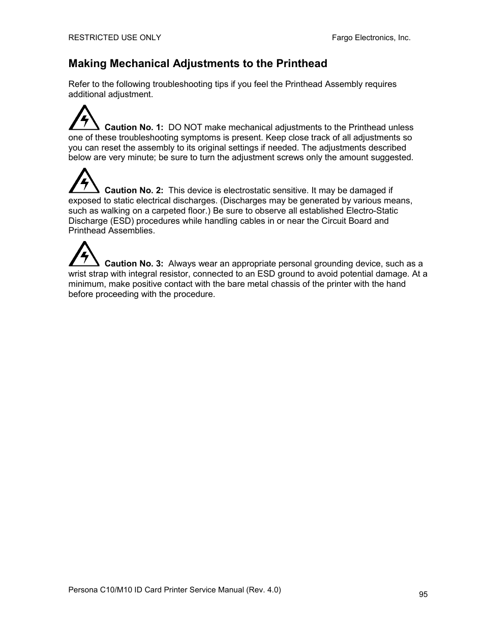 Making mechanical adjustments to the printhead | FARGO electronic PERSONA C10 User Manual | Page 95 / 178