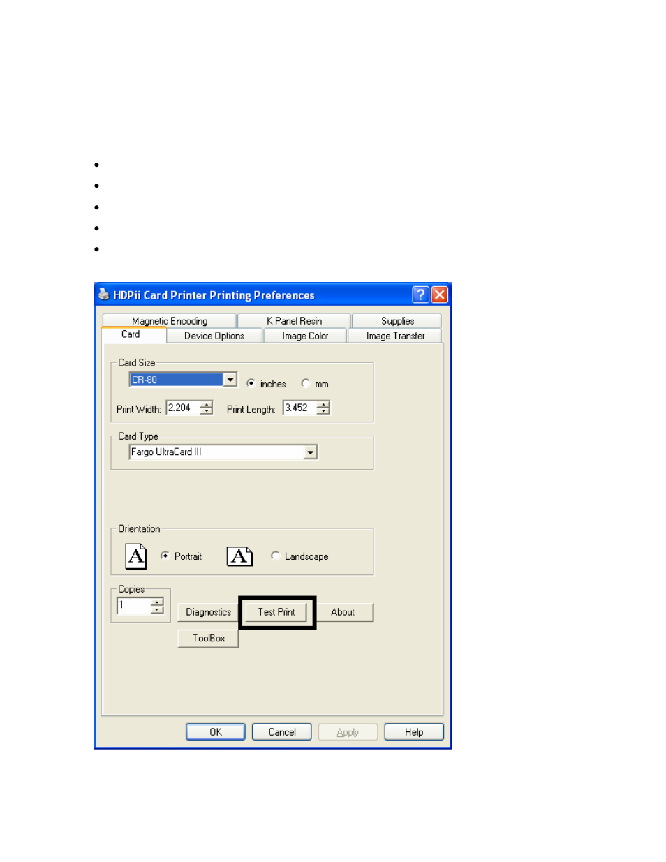 Selecting the test print button, Selecting the test print button -20 | FARGO electronic HDPii User Manual | Page 207 / 373