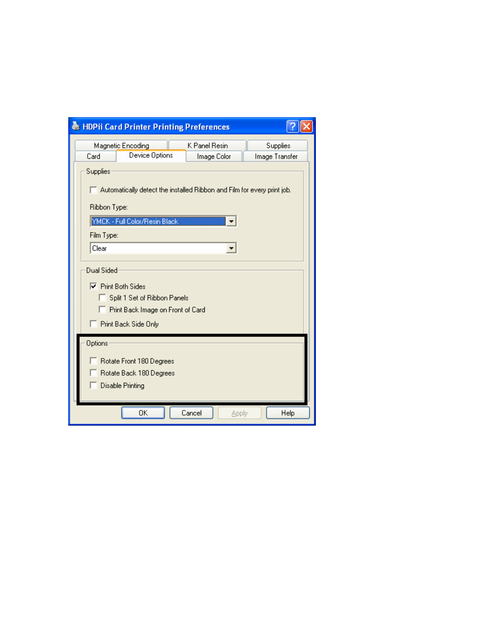 Using the device options group, Using the device options group -35 | FARGO electronic HDPii User Manual | Page 222 / 373