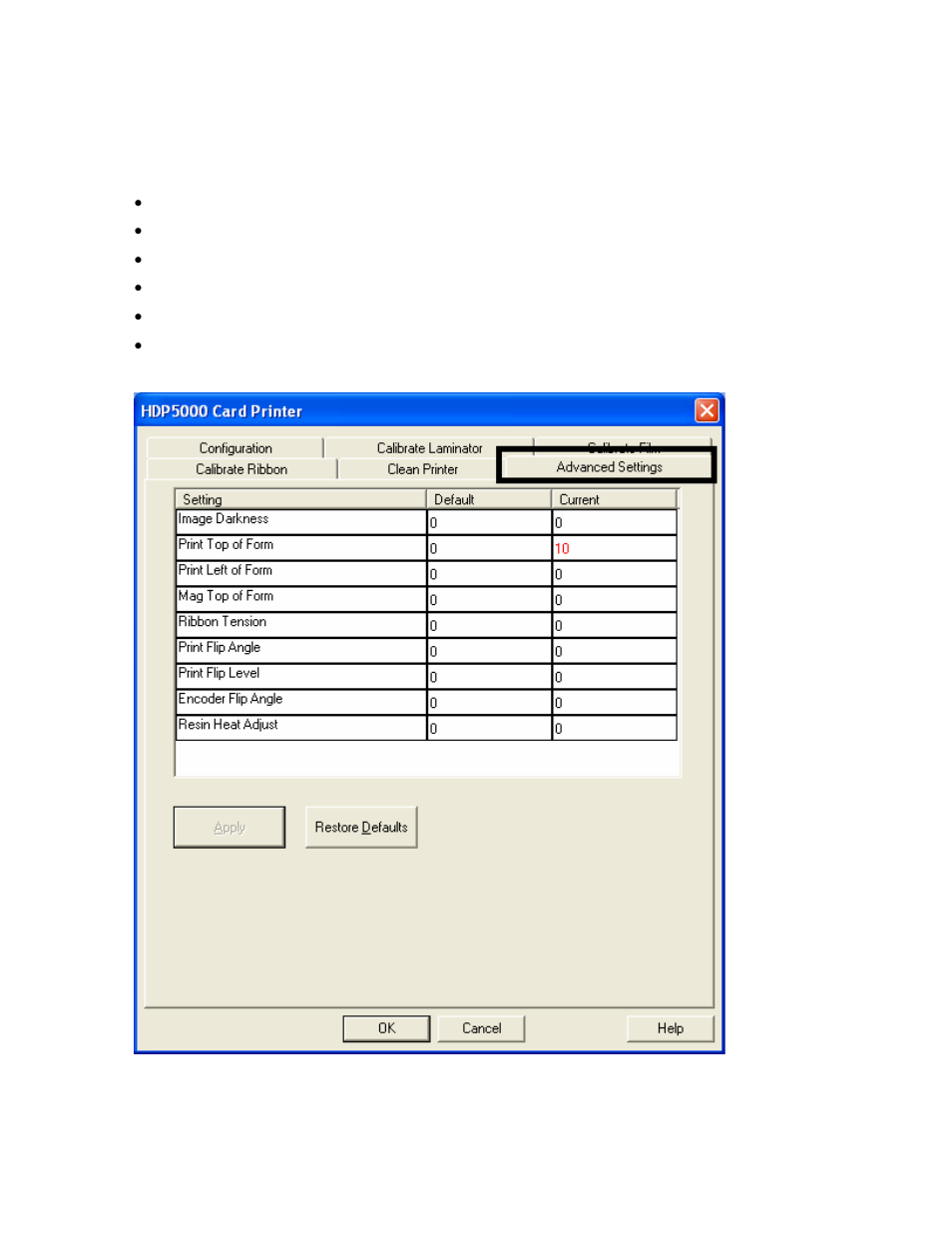Selecting the advanced settings tab (continued), Setting column: displays label for setting, Default column: displays default value for setting | Current column: displays current value for setting, Apply button: applies changed values, Restore defaults button: restores default values | FARGO electronic HDPii User Manual | Page 308 / 373