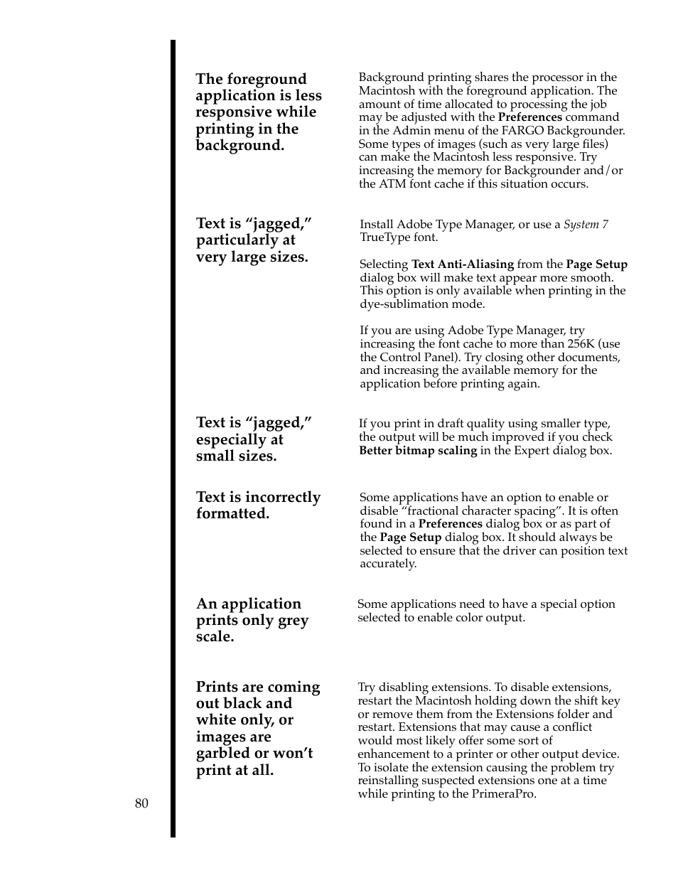 Text is òjagged,ó particularly at very large sizes, Text is òjagged,ó especially at small sizes, Text is incorrectly formatted | FARGO electronic 76503 User Manual | Page 82 / 95