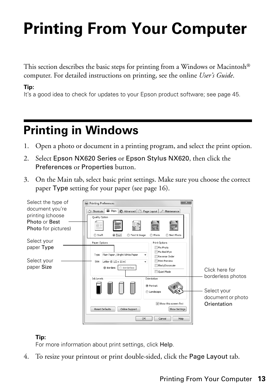 Printing from your computer, Printing in windows | FARGO electronic STYLUS NX625 User Manual | Page 13 / 60