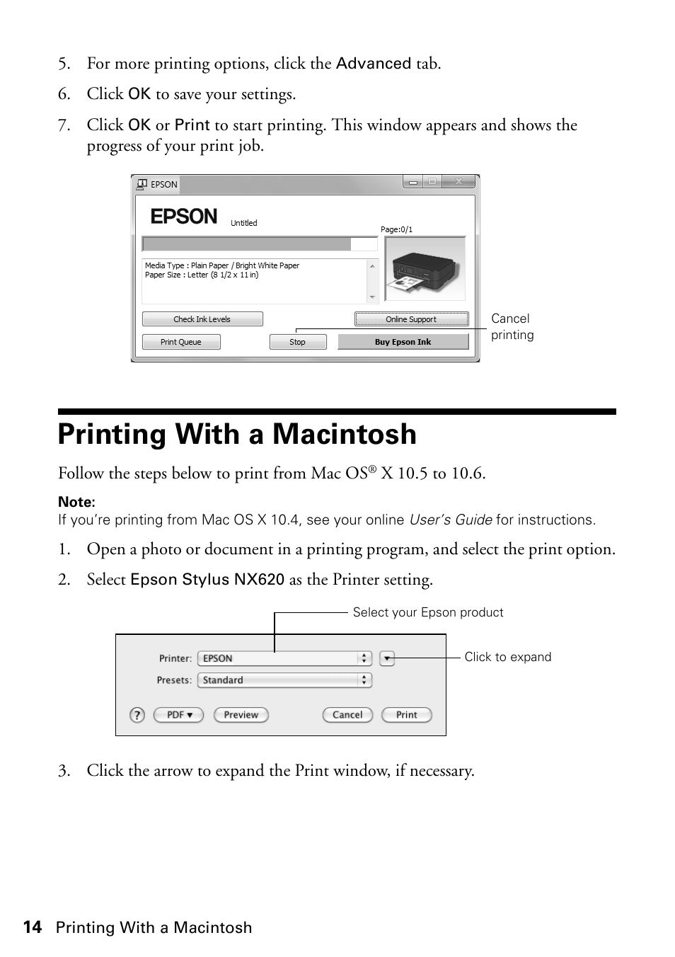 Printing with a macintosh | FARGO electronic STYLUS NX625 User Manual | Page 14 / 60