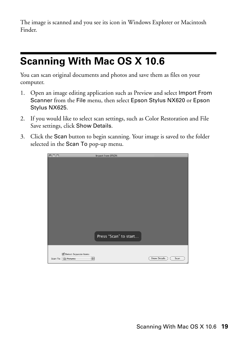 Scanning with mac os x 10.6 | FARGO electronic STYLUS NX625 User Manual | Page 19 / 60