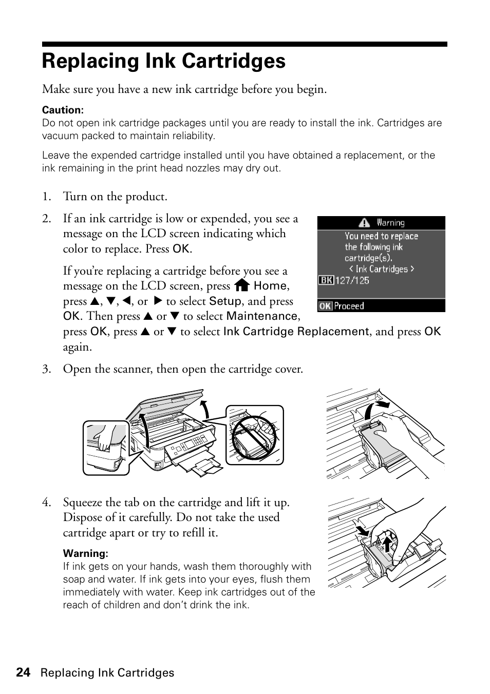 Replacing ink cartridges | FARGO electronic STYLUS NX625 User Manual | Page 24 / 60