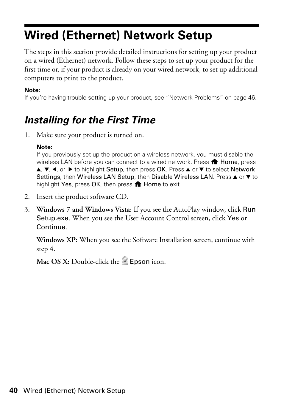 Wired (ethernet) network setup, Installing for the first time | FARGO electronic STYLUS NX625 User Manual | Page 40 / 60