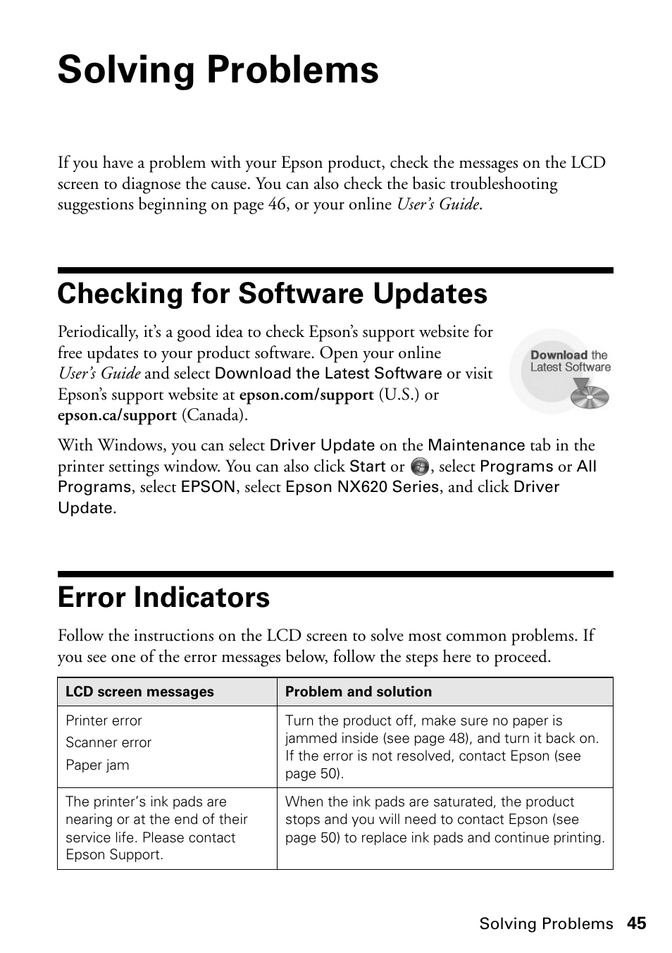 Solving problems, Checking for software updates, Error indicators | Checking for software updates error indicators | FARGO electronic STYLUS NX625 User Manual | Page 45 / 60