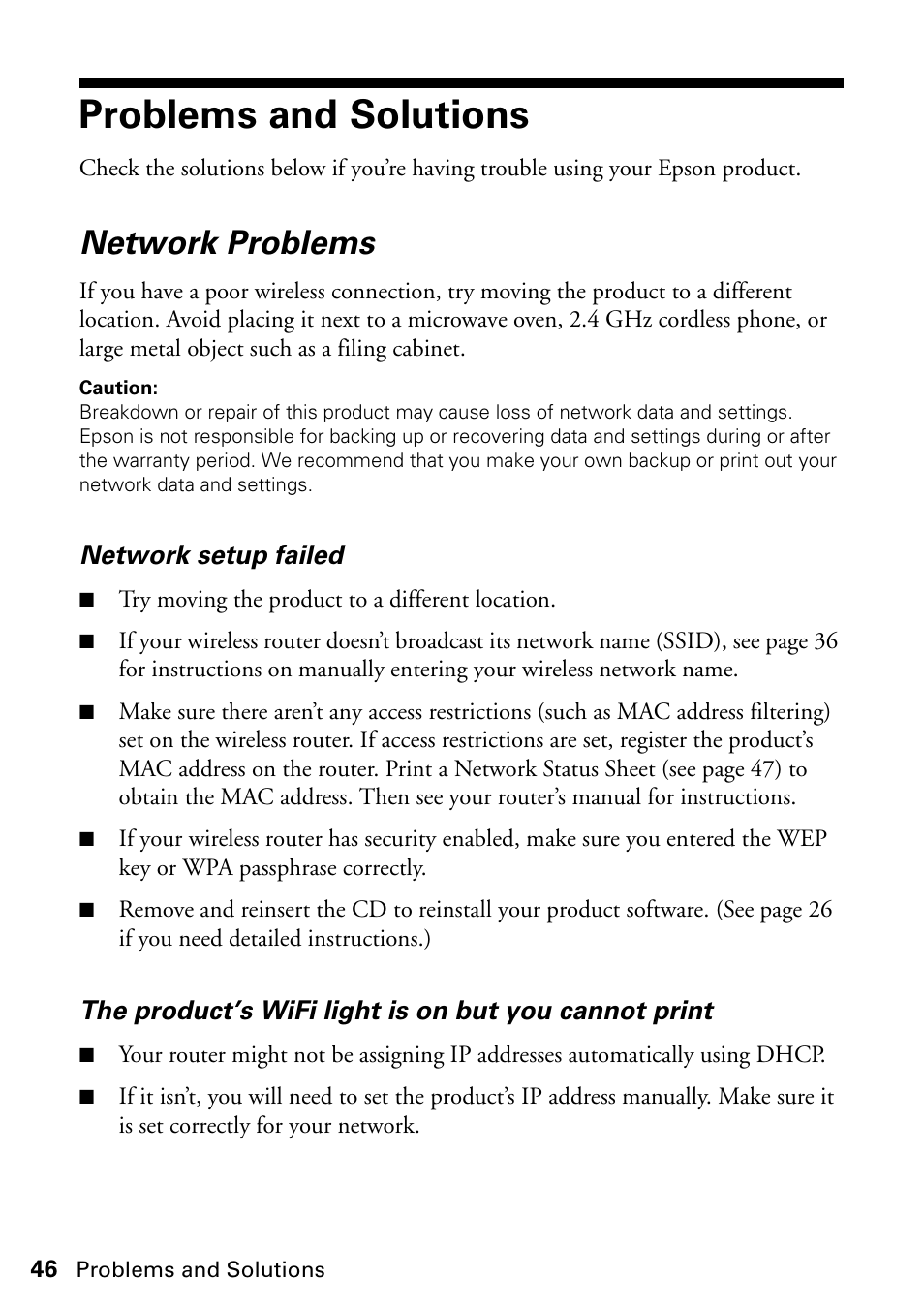 Problems and solutions, Network problems | FARGO electronic STYLUS NX625 User Manual | Page 46 / 60