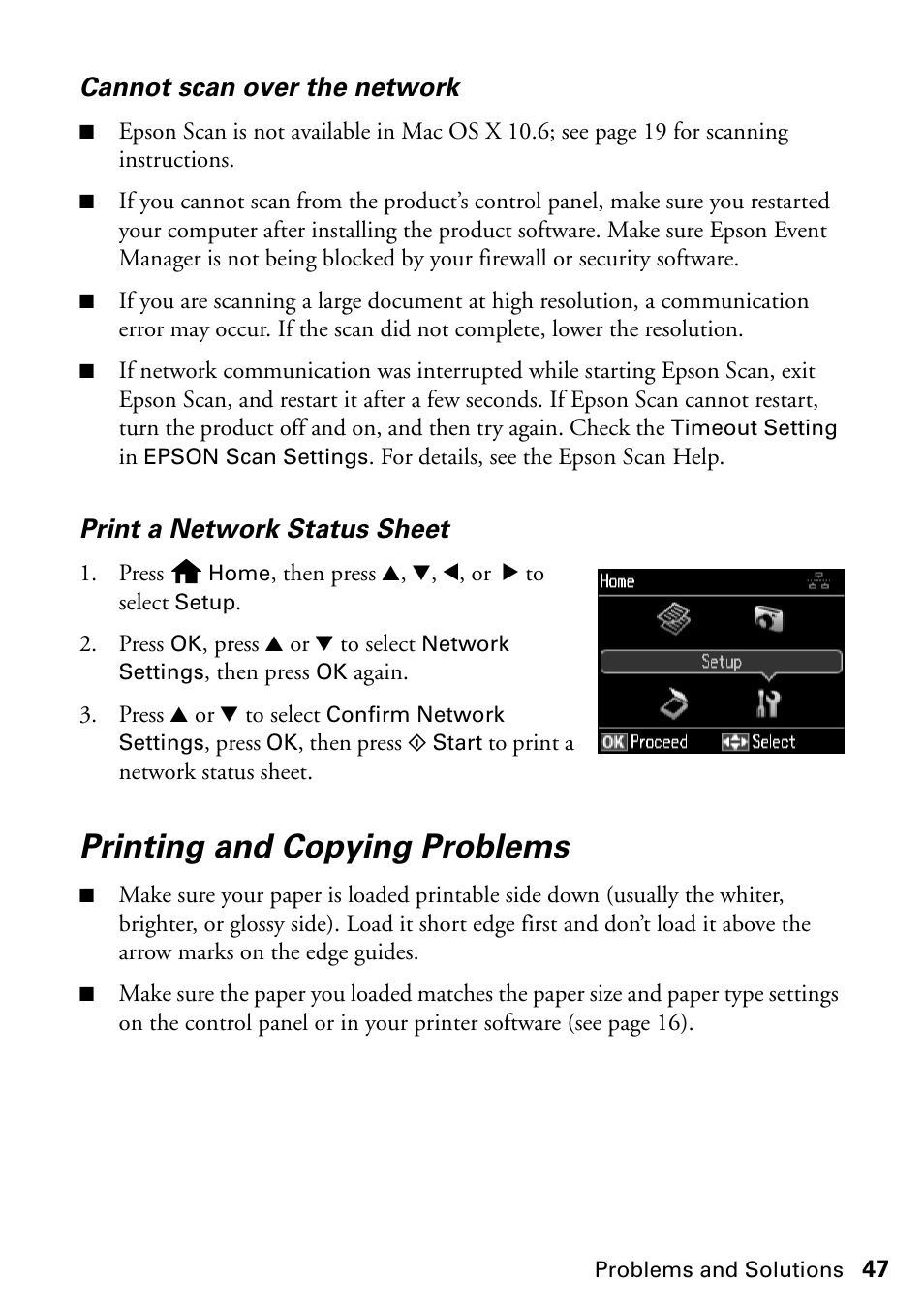 Printing and copying problems, Cannot scan over the network, Print a network status sheet | FARGO electronic STYLUS NX625 User Manual | Page 47 / 60